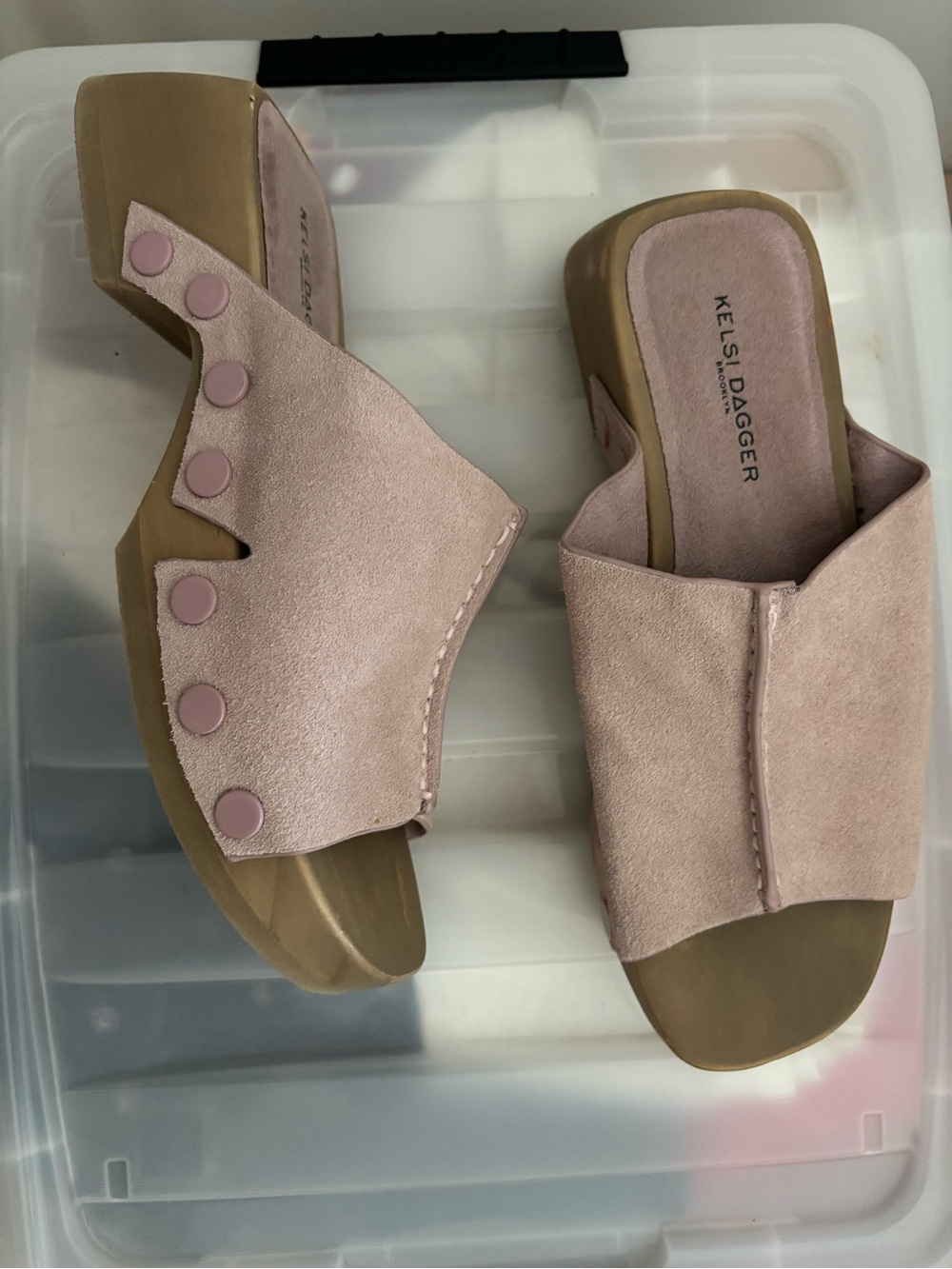 Kelsi Dagger Anthropology Blush Suede Slide Mules with Button Accents